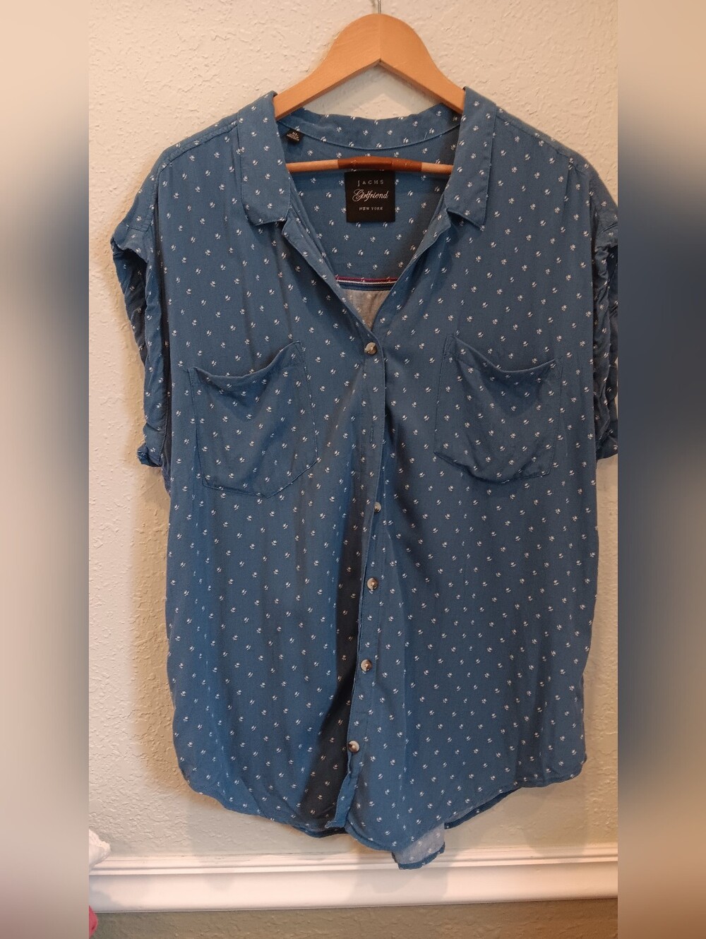 JACHS Girlfriend Rayon Short Sleeve Button Blue Shirt with White Micro Print